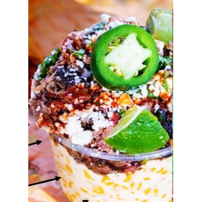 Tex Mex Brisket Elote 8oz Cup.