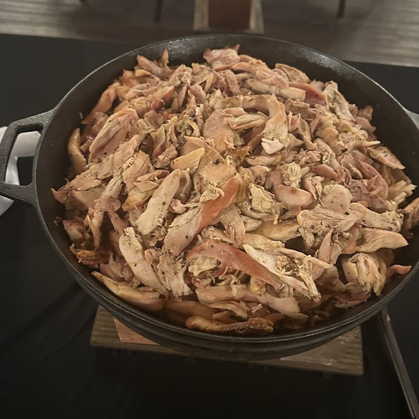 Close-up of a cast iron skillet filled with shredded chicken, seasoned and ready to serve.
