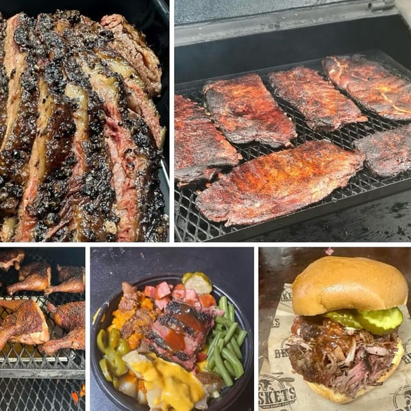A collage of Briskets BBQ dishes, including sliced brisket, ribs, chicken, a loaded bowl, and a pulled pork sandwich.
