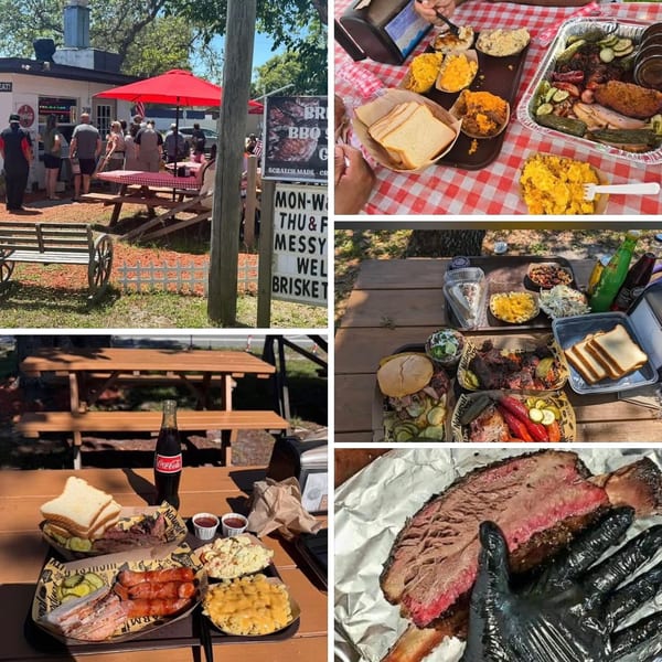 A collage of Briskets BBQ images showing the restaurant exterior, various BBQ meals, and a large brisket.